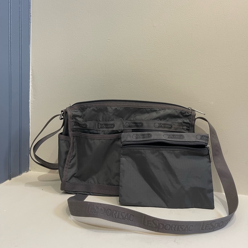 LeSportsac grey bag + mini clutch